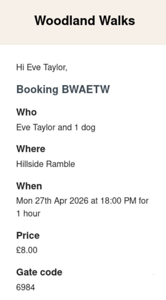 Booking confirmation email with gate code